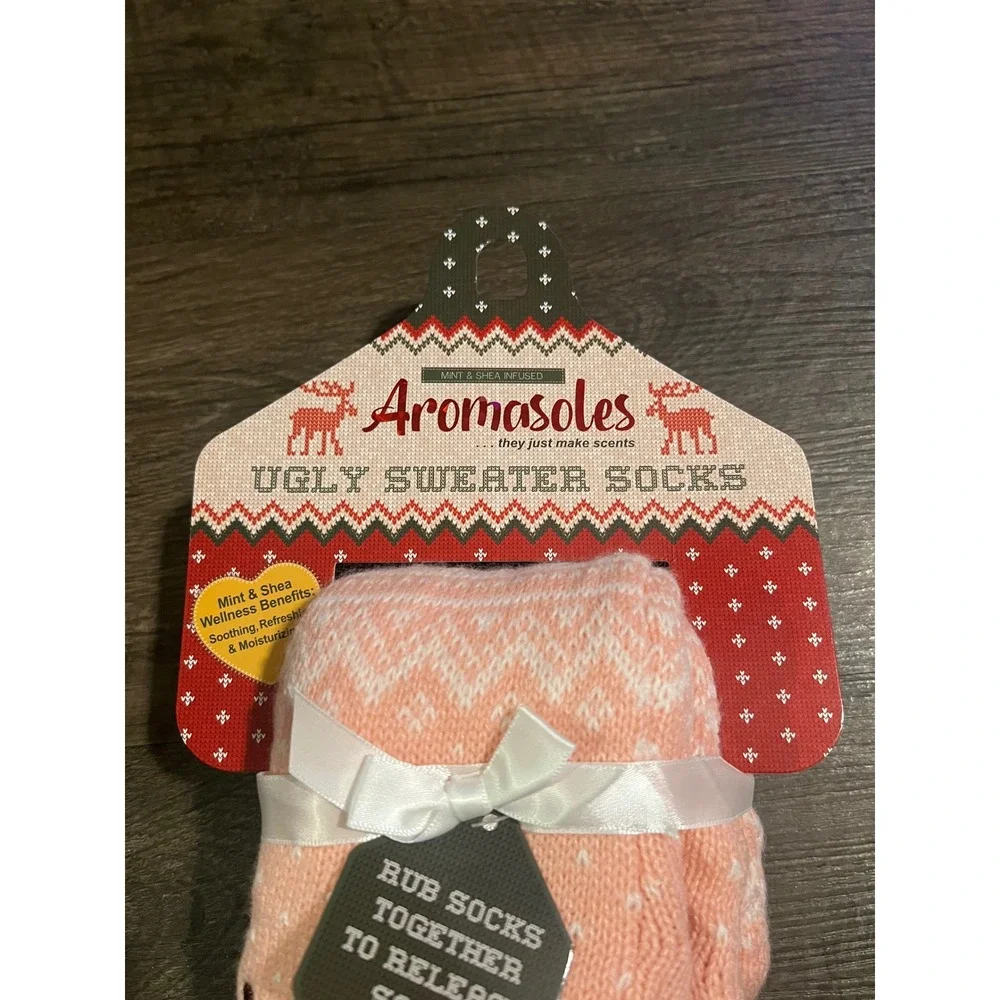 Aromasoles Womens Ugly Sweater Socks Scented Reindeer Pink One Size NWT